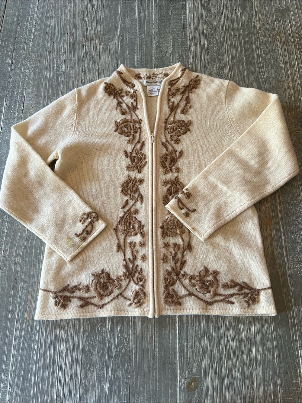Coldwater Creek Cream Zip Cardigan with Brown Floral Embroidery